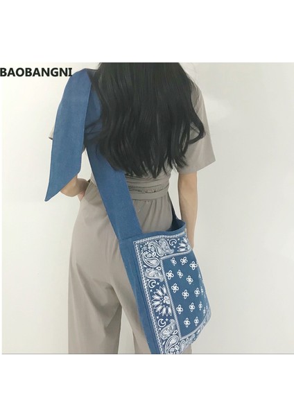 Gök Mavisi Boho Chic Geniş Askı Slouch Çanta Kadın Bohem Stili Baskı Askılı Çanta Genç Rahat Büyük Boy Çanta (Yurt Dışından) modelleri
