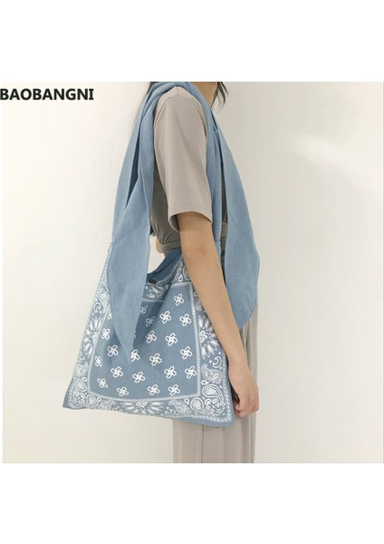 Gök Mavisi Boho Chic Geniş Askı Slouch Çanta Kadın Bohem Stili Baskı Askılı Çanta Genç Rahat Büyük Boy Çanta (Yurt Dışından) fırsatları