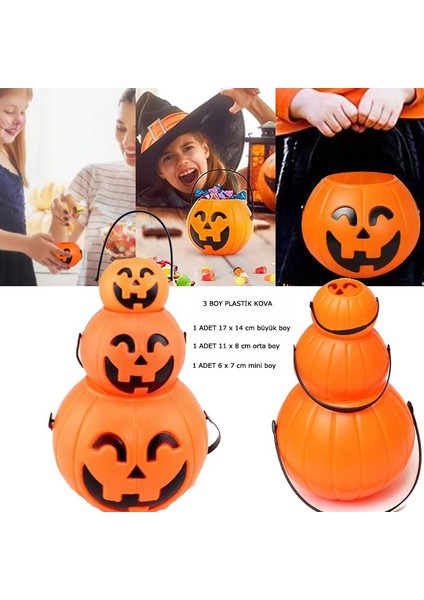 Halloween Saplı Balkabağı Plastik Şeker Toplama Kovası 3 Boy 3 Adet