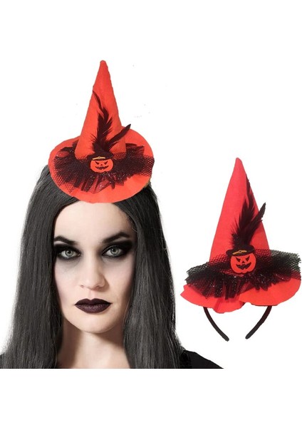 Halloween Tüllü Tüylü Balkabaklı Şapkalı Lüks Cadı Tacı Mega 1 Adet Turuncu Renk
