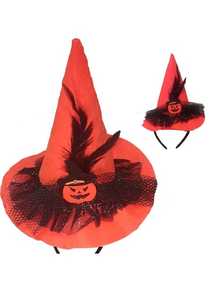 Halloween Tüllü Tüylü Balkabaklı Şapkalı Lüks Cadı Tacı Mega 1 Adet Turuncu Renk modelleri