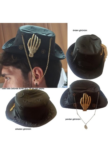 İskeletElli Punk Goth Steampunk Keçe Halloween Şapkası Siyah Renk 1 Adet