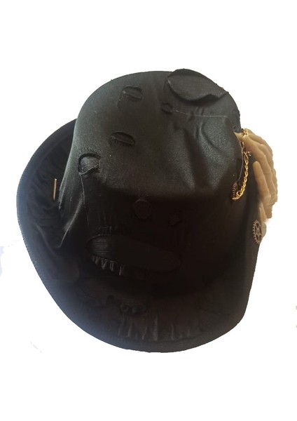 İskeletElli Punk Goth Steampunk Keçe Halloween Şapkası Siyah Renk 1 Adet modelleri