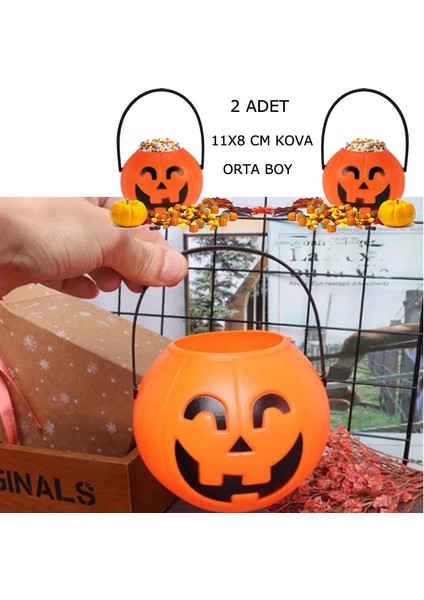 Halloween Saplı Balkabağı Plastik Şeker Toplama Kovası Orta 11X8 cm 2 Adet