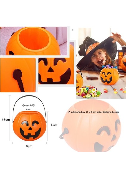 Halloween Saplı Balkabağı Plastik Şeker Toplama Kovası Orta 11X8 cm 2 Adet modelleri