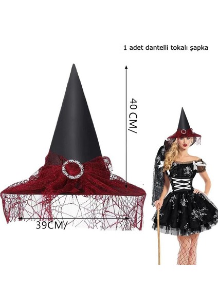 Halloween Sarkan Siyah Dantelli Cadı Şapkası Yetişkin Kırmızı Renk 1 Adet 39X40 cm