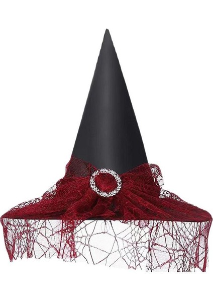 Halloween Sarkan Siyah Dantelli Cadı Şapkası Yetişkin Kırmızı Renk 1 Adet 39X40 cm fiyatları