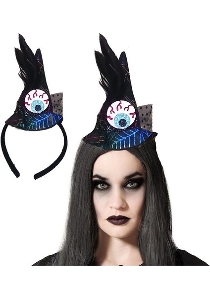 Halloween Hologram Baskı Tüllü Tüylü Tepegöz Şapkalı Cadı Tacı 1 Adet Multicolor