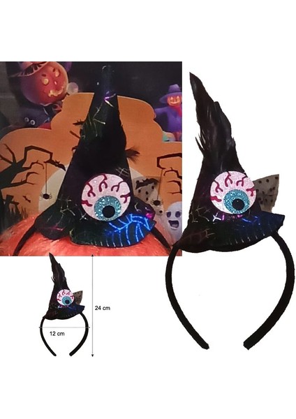 Halloween Hologram Baskı Tüllü Tüylü Tepegöz Şapkalı Cadı Tacı 1 Adet Multicolor modelleri