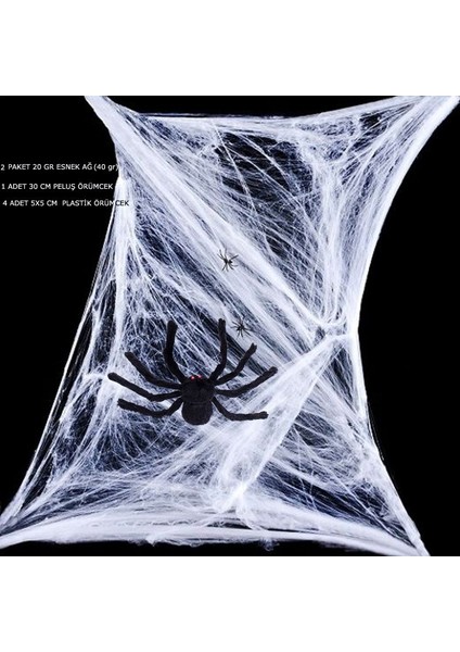 Halloween Beyaz Renk Örümcek Ağı 40 gr ve 35 cm Peluş Siyah Örümcek Seti