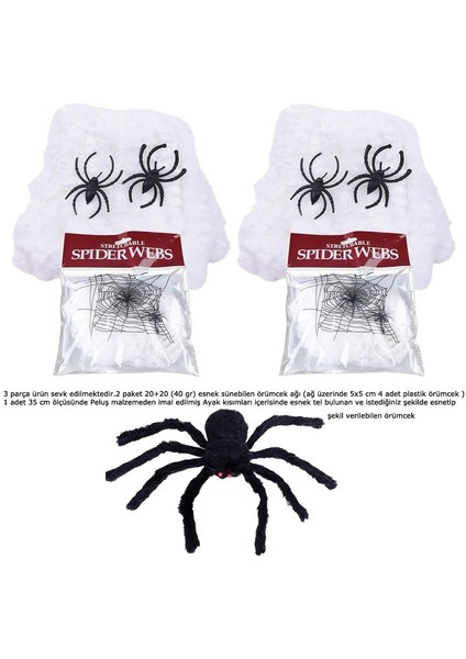 Halloween Beyaz Renk Örümcek Ağı 40 gr ve 35 cm Peluş Siyah Örümcek Seti fiyatları