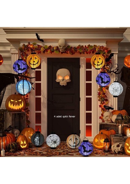 Halloween Konsept 20X20 cm Beyaz LED Işıklı Kağıt Japon Feneri 4 Adet