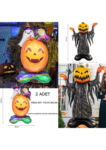 Halloween Korkuluklu ve Hayaletli Balkabağı Mega Folyo Balon 2 Adet