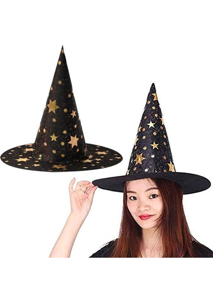 Yıldız Desenli Cadı Şapkası Siyah Renk Yetişkin 1 Adet