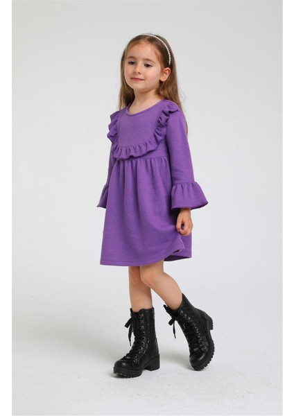 12 Ay- 5 Yaş Kız Bebek Mor Renk Gofre Elbise