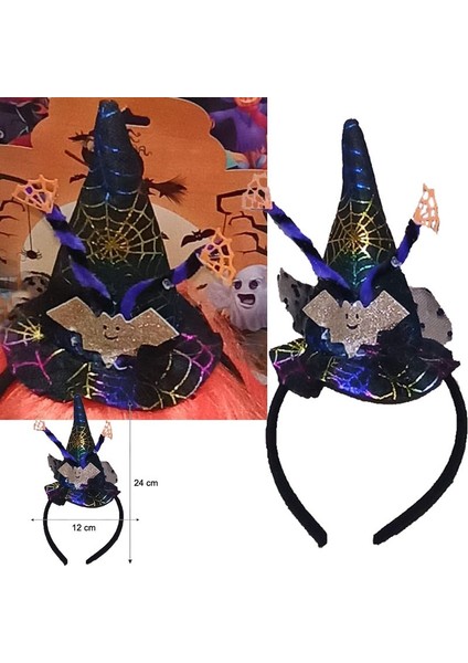 Halloween Hologram Baskı Tüllü Yarasalı Şapkalı Cadı Tacı 1 Adet Multicolor modelleri