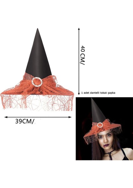 Halloween Sarkan Siyah Dantelli Cadı Şapkası Yetişkin Turuncu Renk 1 Adet 39X40 cm