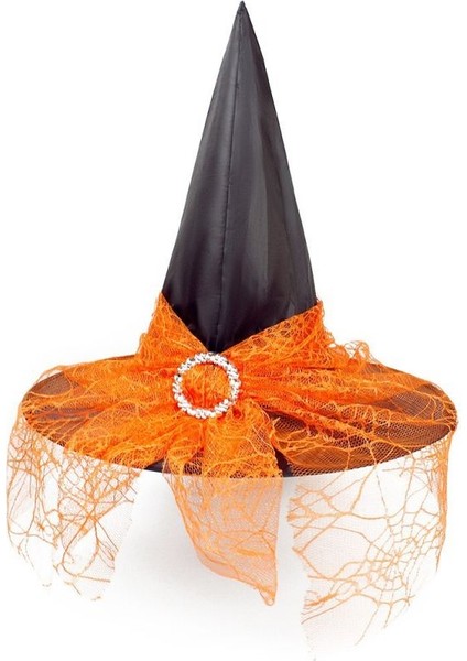 Halloween Sarkan Siyah Dantelli Cadı Şapkası Yetişkin Turuncu Renk 1 Adet 39X40 cm fiyatları