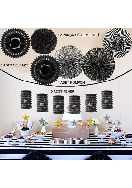 Siyah Renk Halloween 12 Parça Yelpaze Pompon Fener Süsleme Seti Retro