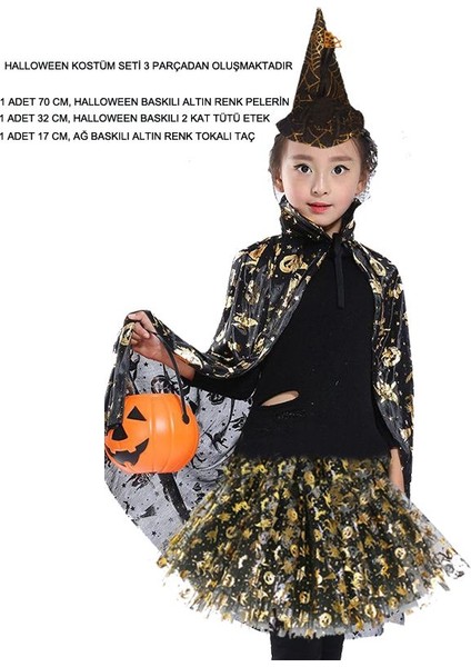 Halloween Ürkünçler Siyah Üzeri Altın Renk Pelerin Etek Taç Set Bebek Çocuk Uyumlu