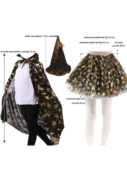 Halloween Ürkünçler Siyah Üzeri Altın Renk Pelerin Etek Taç Set Bebek Çocuk Uyumlu fiyatları