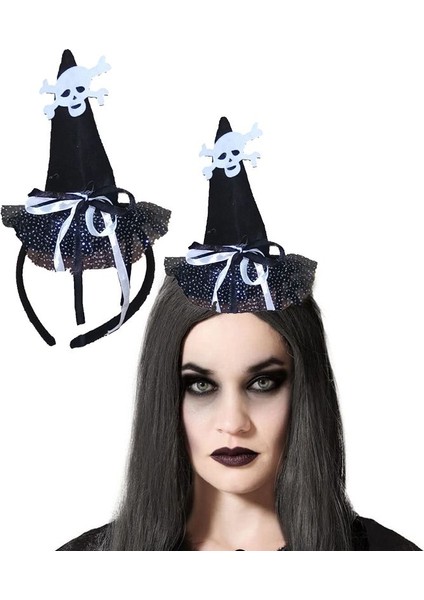 Halloween Hologram Baskı Tüllü Kurukafalı Şapkalı Cadı Tacı 1 Adet Siyah