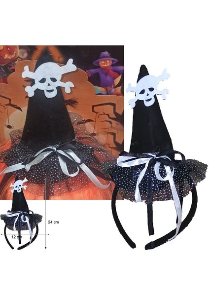 Halloween Hologram Baskı Tüllü Kurukafalı Şapkalı Cadı Tacı 1 Adet Siyah fiyatları