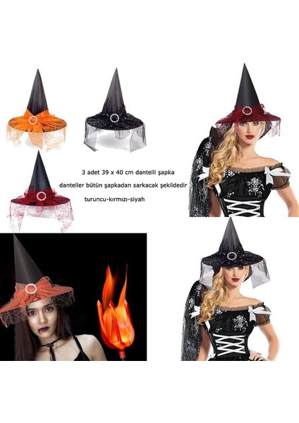 Halloween Sarkan Siyah Dantelli Cadı Şapkası Yetişkin 3 Adet 39X40 cm