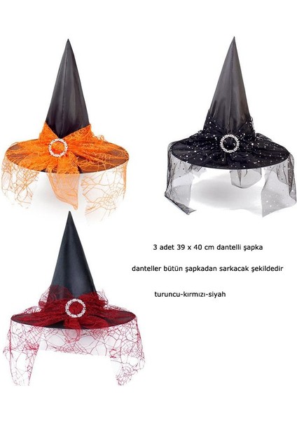 Halloween Sarkan Siyah Dantelli Cadı Şapkası Yetişkin 3 Adet 39X40 cm fiyatları