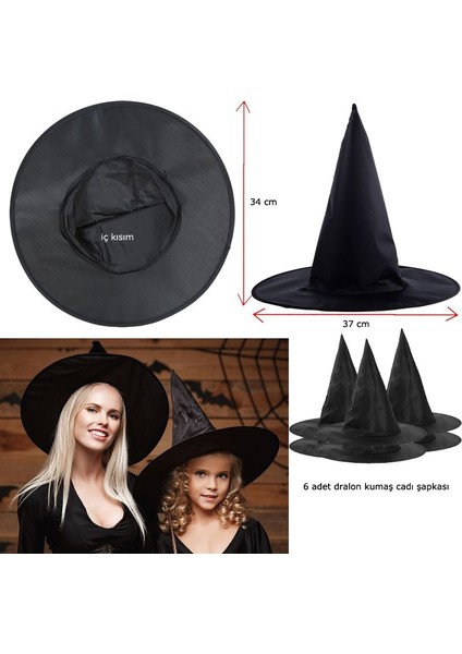 Halloween Siyah Renk Dralon Kumaş Cadı Şapkası Yetişkin Çocuk Uyumlu 6 Adet