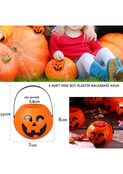 Halloween Saplı Balkabağı Plastik Şeker Toplama Kovası Mini 7x6 cm 4 Adet