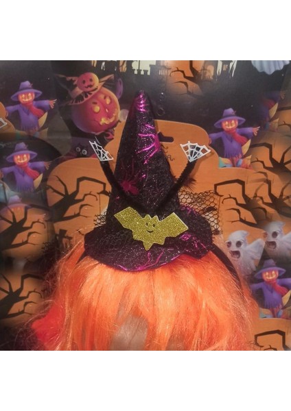 Halloween Hologram Baskı Tüllü Yarasalı Şapkalı Cadı Tacı 1 Adet Fuşya modelleri