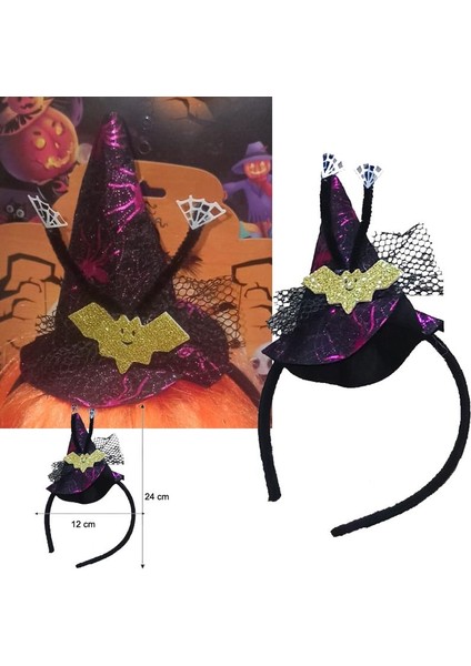 Halloween Hologram Baskı Tüllü Yarasalı Şapkalı Cadı Tacı 1 Adet Fuşya fırsatları