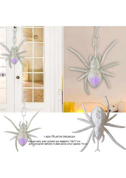 Halloween 17X18 cm Rengarenk Işıklı Beyaz Renk Plastik Örümcek 1 Adet