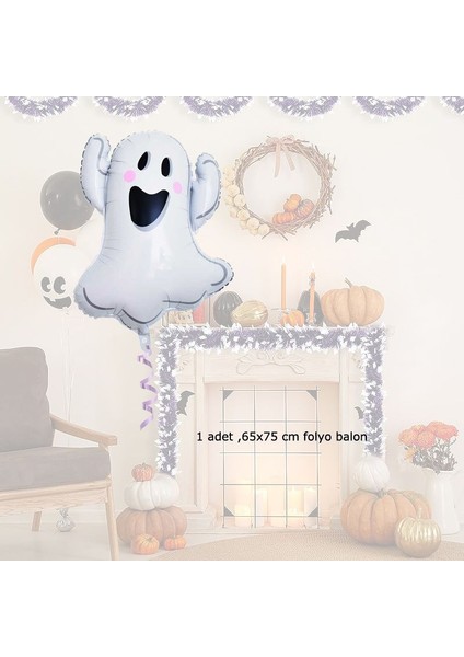 Beyaz Renk Hayalet Şeklinde 65X75 cm Halloween Folyo Balonu 1 Adet