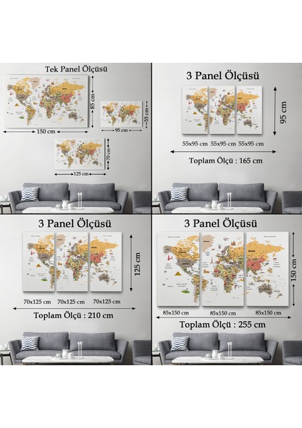 Türkçe Dünya Haritası Ayrıntılı Eğitici-Öğretici ve Sembollü Dekoratif Kanvas Tablo 3200 indirimleri