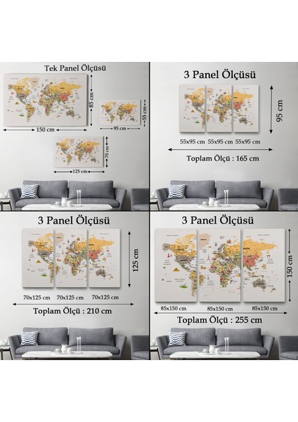 Türkçe Dünya Haritası Çok Detaylı Ünlü Yerler Sembollü Kanvas Tablo 1747 indirimleri