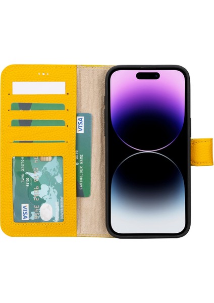 Apple iPhone 15 Pro Max Uyumlu Deri Cüzdanlı Kılıf Mwwn FL12 Sarı