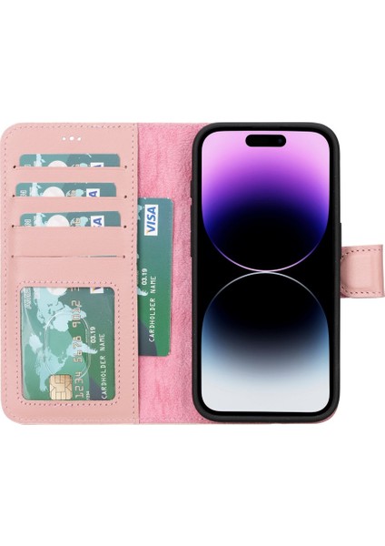 Apple iPhone 15 Pro Uyumlu Deri Cüzdanlı Kılıf Mwwn Nu2 Pembe