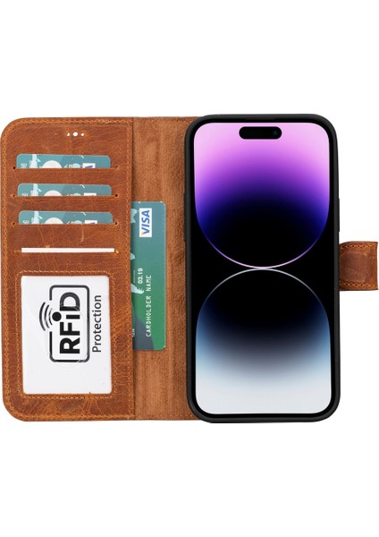 Apple iPhone 15 Plus Uyumlu Deri Cüzdanlı Kılıf Mwwn G19 Taba