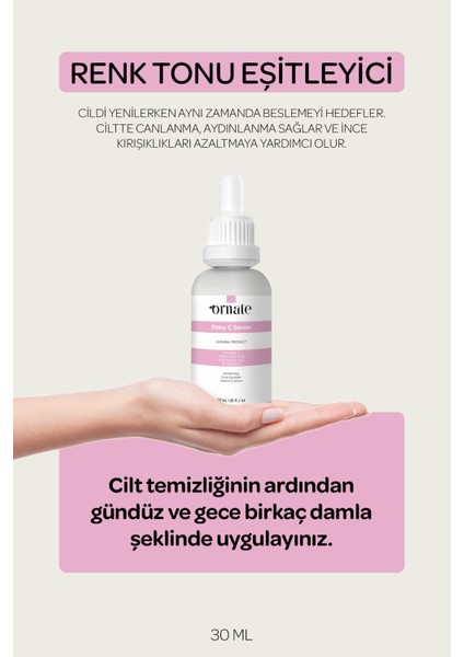 Aydınlatıcı Renk Tonu Eşitleyici C Vitamini Serumu 30 ml Vitamin C %1 + Ascorbic Acid 10 + 0.5 Ferulic Acid % 3 Panthenol