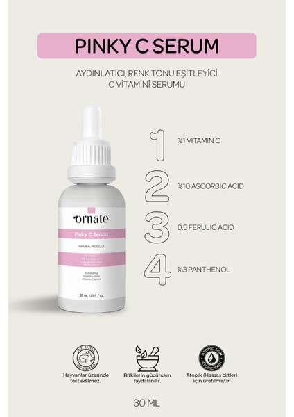 Aydınlatıcı Renk Tonu Eşitleyici C Vitamini Serumu 30 ml Vitamin C %1 + Ascorbic Acid 10 + 0.5 Ferulic Acid % 3 Panthenol