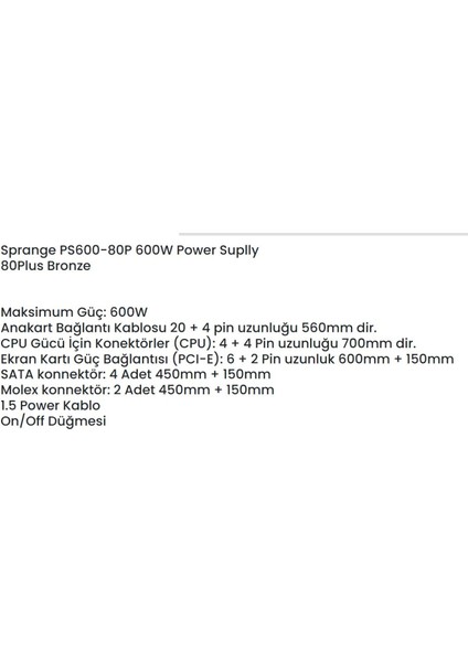 PS700-80P 700W 80 Plus Bronze Gamer 12CM Geniş Fan Power Supply