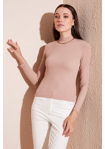 Fitilli Esnek Slim Fit Yarım Balıkçı Yaka Kazak Bayan Kazak 5865344