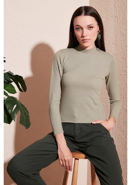Fitilli Esnek Slim Fit Yarım Balıkçı Yaka Kazak Bayan Kazak 5865344