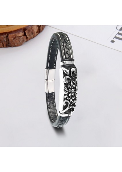 Çiçek Motifli Çelik ve Doğal Deri Erkek Bileklik CSR2221052