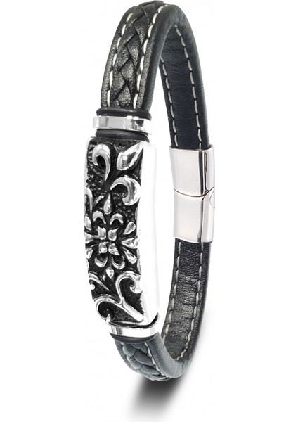 Çiçek Motifli Çelik ve Doğal Deri Erkek Bileklik CSR2221052 fiyatları
