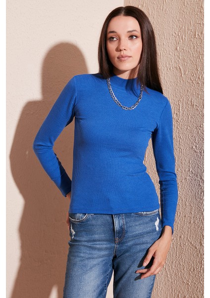 Fitilli Esnek Slim Fit Yarım Balıkçı Yaka Kazak Bayan Kazak 5865344 modelleri