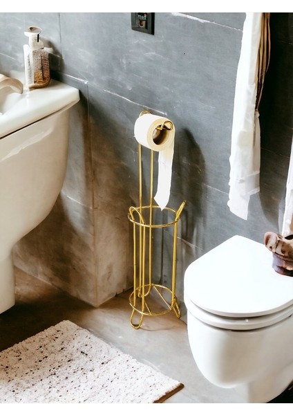 Ayaklı Tuvalet Kağıtlığı Kağıtlık Paslanmaz Yedekli Tuvalet Kağıtlığı GOLD Renk Wc Banyo Tuvalet