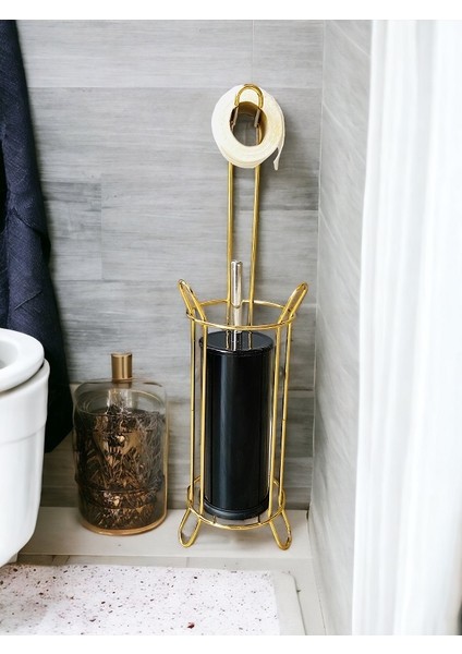 Kaliteli Metal Paslanmaz GOLD Wece Kağıtlık ve Fırça Oval Tasarım Ayaklı Kağıtlık ve Siyah Fırça 2li